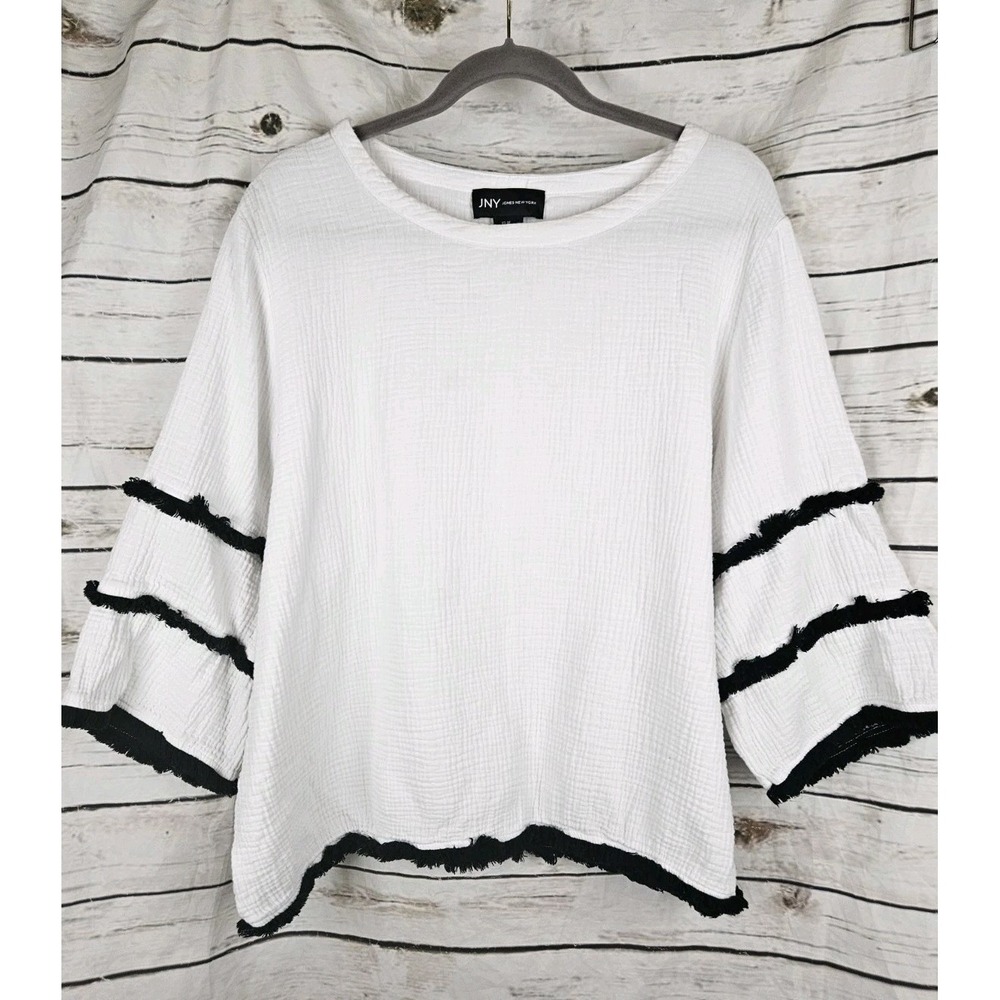JNY Jones New York White Cotton Gauze Tunic Top 1X Fringed Boxy 3/4 Sleeves
